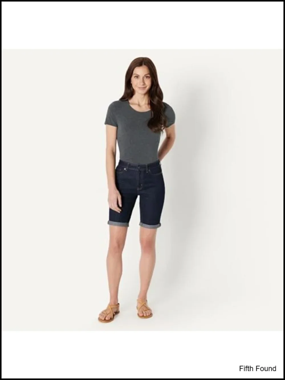 Mid-Rise Stretchy Denim Bermuda Shorts with Pockets, Rolled Cuff